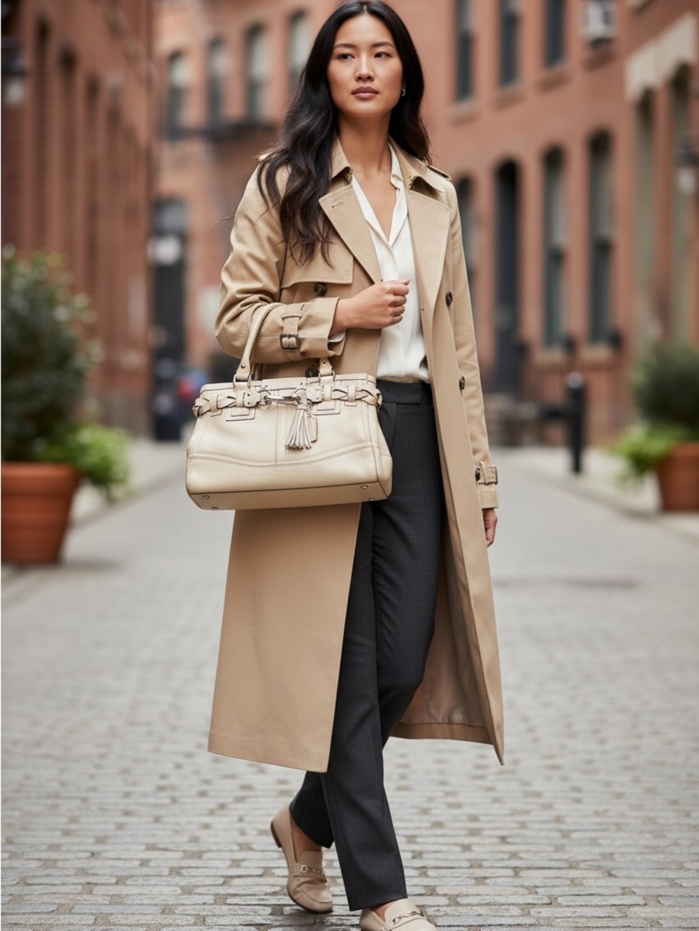 Coach Hampton Beige Braided-Trim Shoulder Bag with Tassel